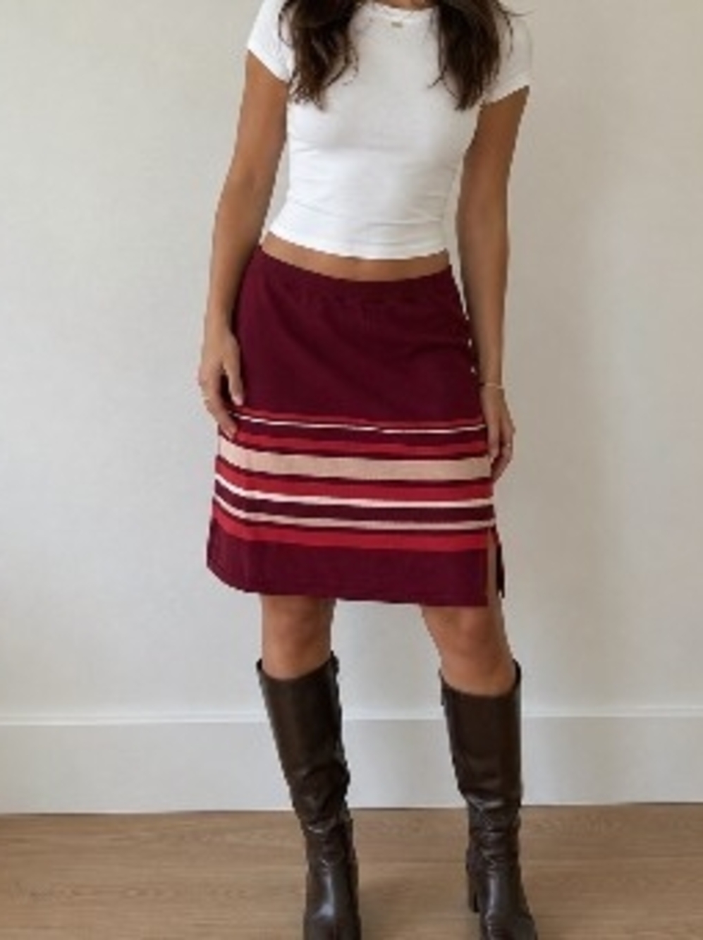 Liz Claiborne Striped Knit Midi Skirt Womens 1X Burgundy Pull On Stretch